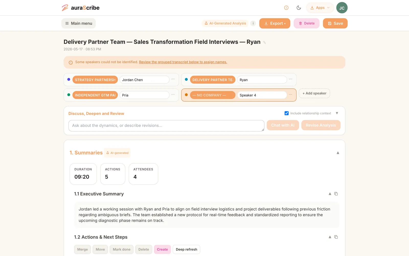 auraScribe behavioral summary view