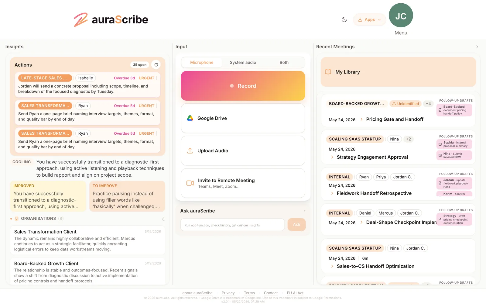 auraScribe command center with meetings, people, actions, and drafted follow-ups
